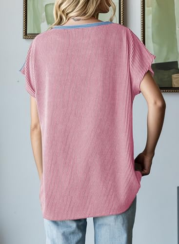 Dokotoo Cute Summer Tops for Women Crew Neck Shirts Fashion 2026 Short Sleeve Shirts Casual Ribbed Knit Blouses Basic Tee Lightweight Pullover Colorblock Top Bright Pink XX-Large — view 5