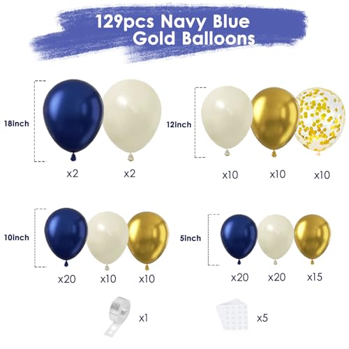 Image of Navy Blue Gold White Balloon Arch Kit 129 Pcs Double Stuffed
