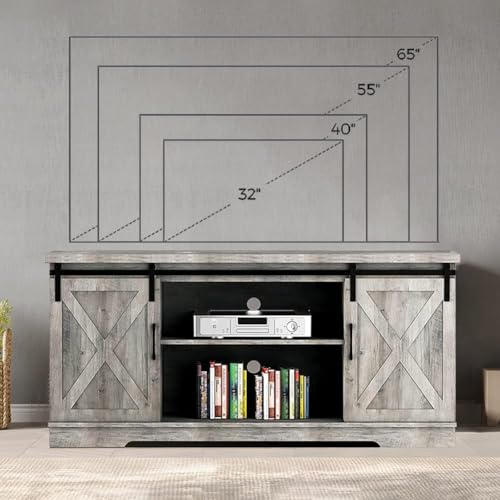 IDEALHOUSE TV Stand Farmhouse Entertainment Center for 65 Inch TV & Media Furniture, Rustic TV Stands with Storage and Barn Doors TV Console Table Under TV Cabinet for Living Room, Rustic Grey, Large