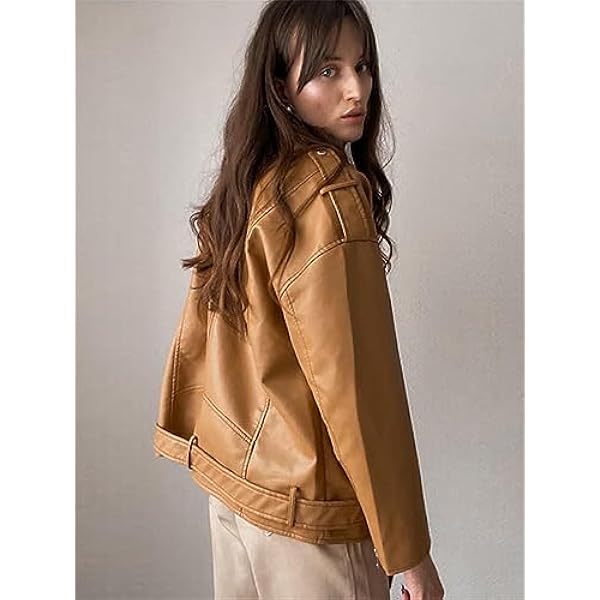 Adhdyuud Vrouwen Bruin Faux Lederen Jas Herfst Casual Moto Biker Punk PU Jas Losse Uitloper Met Riem