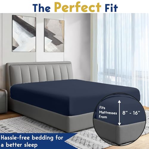 Image of Elastic Fitted Bedsheet Double Size Bed with 2-Pillow Covers 100% Egyptian Cotton Fits 1000 TC Soft & Breathable Luxurious Bedrooms and Hotels Use (Navy Blue) (Size: 78x60 Inch)