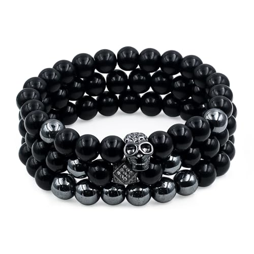 Pulsera artesanal de obsidiana negra con diseño de calavera miniatura 1