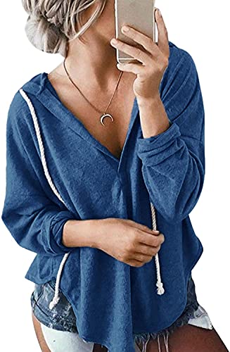 Image of Womens Long Sleeve V Neck Hoodie Sweatshirts Lightweight Pullover Tops