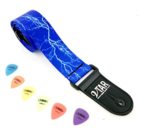 VTAR Vegan UK Made Lightning Bolt Electric Blue Guitar Strap + 6 Plectrums