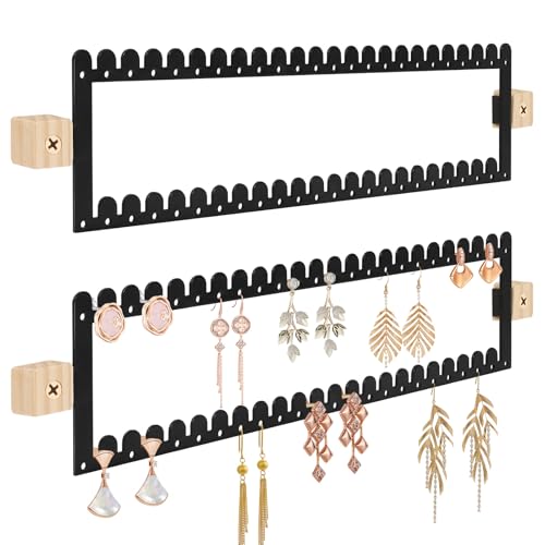 milylove 2 Tier Earring Holder Organizer Wall Mounted,2PCS Metal Earring Display Storage with 96 Holes and 92 Grooves Hanging Jewelry Organizer Tree for Stud/Hoop/Dangle Earrings Necklace(Black)