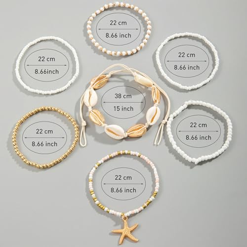 Image of Qceasiy Bead Ankle Bracelets Set For Women, Adjustable Gold Plated Boho Shell Anklet, Hawaiian Beach Seashell Pearl Disc Starfish Conch Foot Jewelry, Summer Fashion Gifts