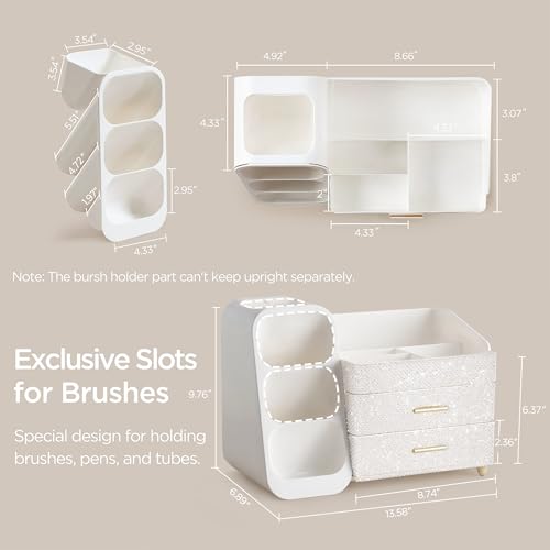 Image of HBlife Makeup Organizer with Brush Holder for Vanity, Large Plastic Bathroom Countertop Organizer Skin Care Storage, Easy to Store Nail Polishes, Perfumes, Eyeshadow Palettes, Pearl All White