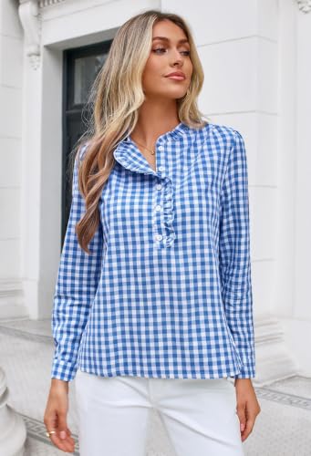 Halife Puff Sleeve Tops for Women Vneck Plaid Shirts Business Casual Outfit - image 3