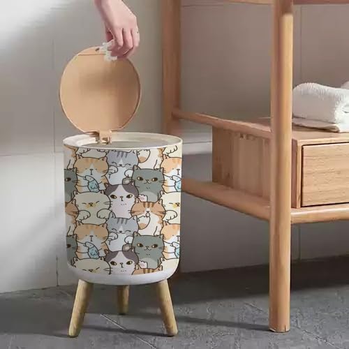 Image of Small Trash Can with Lid for Bathroom Kitchen Office Diaper Seamless Pattern Cute Cartoon Cat Bedroom Garbage Trash Bin Dog Proof Waste Basket Cute Decorative