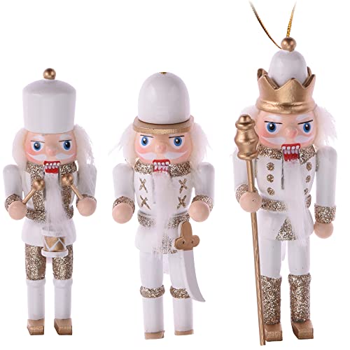com-four® 3x Ciondolo Schiaccianoci, ciondolo albero di Natale a forma di schiaccianoci tradizionale, diversi motivi, altezza 12 cm (oro/bianco)