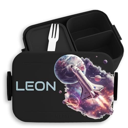 Kinder Bento Box Midi Lunchbox f&uuml;r Mepal Bentobox - Weltall Weltraum - Spaceshuttle mit Name Brotdose Galaxie I - 900 ml - Schwarz - brotb&uuml;chse jungen schule einschulungsgeschenk nasa rakete