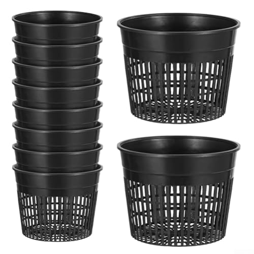 ZWEquipint 10 tazze a rete idroponica con fori di drenaggio per piantare acqua e piante di orchidee, cestini impilabili da giardino scanalati, vasi da fiori in plastica nera (A)