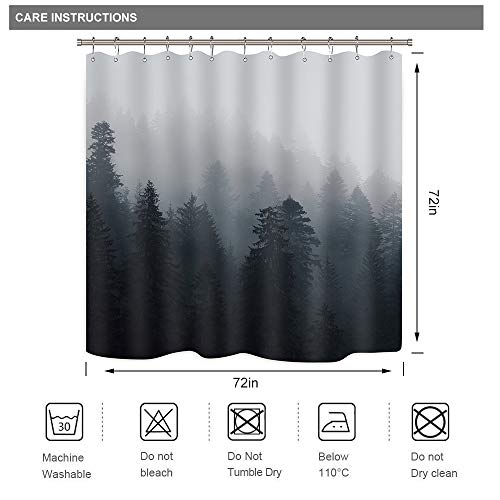 Riyidecor Fabric Forest Dark Mens Shower Curtain Set For Bathroom 72Wx72H Inch Nature Gothic Tree Spooky Mountain Foggy Woodland Bath Curtain Outdoor Bathtub Accessories Art Decor 12 Pcs Plastic Hook #TOP3
