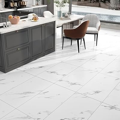 YENHOME White Marble Peel and Stick Vinyl Floor Tile 15 PCS 12"X24" White Vinyl Flooring Bathroom Floor Tile Peel and Stick Wall Tiles for Kitchen Bedroom Waterproof Removable Sheet Flooring Sticker