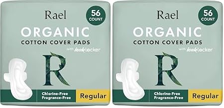 Rael Organic Cotton Cover Wings Pads - Menstrual, Postpartum, Ultra Thin, Fragrance Free, Chlorine Free, Vegan, Cruelty Free (Normal, 56 Count) (Pack of 2)