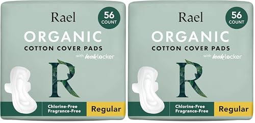 Rael Compresas con Alas de Funda de Algodón Orgánico - Menstruales, Postparto, Ultrafinas, Sin Fragancia, Sin Cloro, Veganas, Libres de Crueldad (Normal, 56 Unidades) (Paquete de 2)