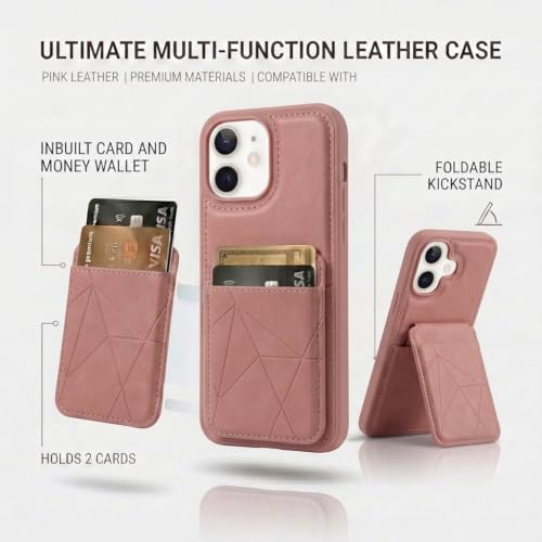 Image of amazon basics Premium Vegan Leather Back Cover with Card Holder and Integrated Mobile Stand for iPhone 17 - Slim Shockproof Wallet Case with Geometric Stitching [Pink]