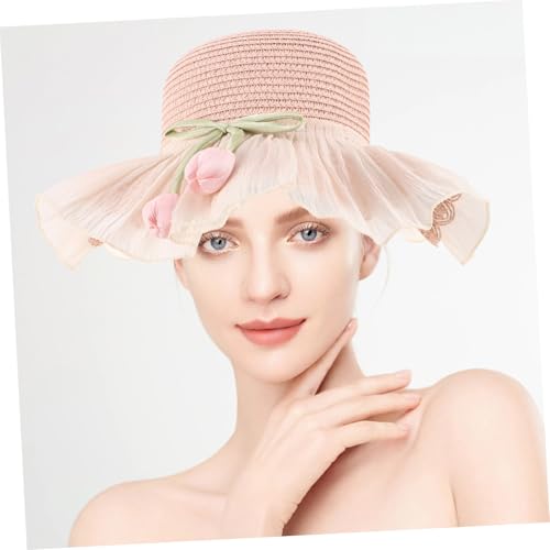 Girl Summer Straw Sun Hat Adjustable Wide Brim Beach Cap for Sun Protection Breathable Bucket Hat for Outdoor Fun Pink4