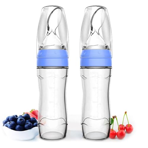 Image of Matyz 2-Piece Silicone Baby Food Dispensing Spoon Set (Blue, 4oz/120ml) - Stand-Up Squeezable Bottle Feeder with Spoon - BPA Free, Silicone, 4+ Months