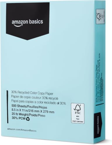 Image of Amazon Basics 30% Recycled Color Copy Paper, 8.5 inch x 11 inch, 20lb, Pastel Blue, 500 Sheets (Pack of 10)