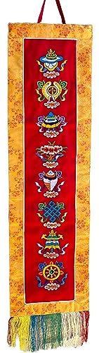 QT Tibetan Buddhist Ashtamangala Vertical Wall Hanging Brocade, Eight Lucky Buddhist Auspicious & Mantra | 22cm X 97cm Long | Handmade in Nepal