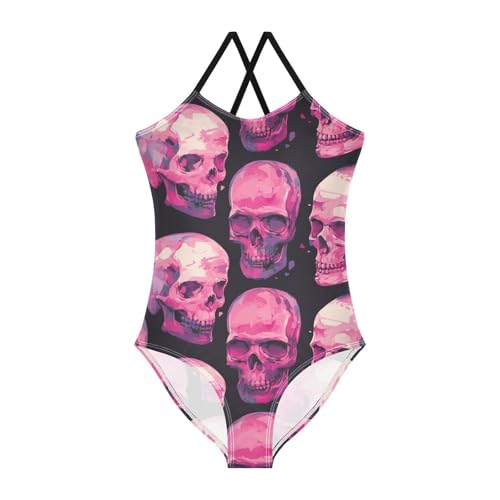 KLL Pink Skulls on A Black Background Girls' 1 Piecing Bathing Suit Beach Swimwear with Adjustable Straps Quick-Dry