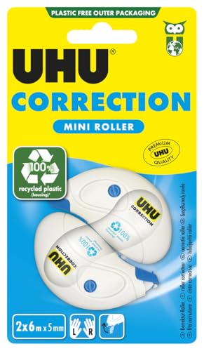 UHU Correction Roller Mini, Handliche Korrekturroller zum schnellen, sauberen und zeilengenauen Korrigieren von Texten, weiß deckend, 6 m x 5 mm