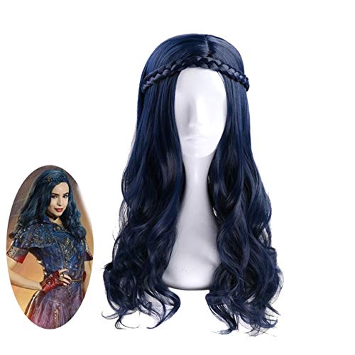 Descendants 2 Evie Cosplay Wig Dark Blue Long Wavy Heat Resistant Synthetic Hair Wigs + Wig Cap