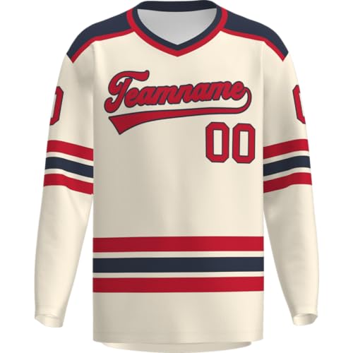 La Mejor Selección de Ropa de Hockey sobre hierba los 5 mejores. 47 Jersey de hockey personalizado para hombres y jóvenes, camisetas de práctica cosida o impresa, número de nombre personalizado para añadir logotipo, Cream-red-navy2, XX-Large