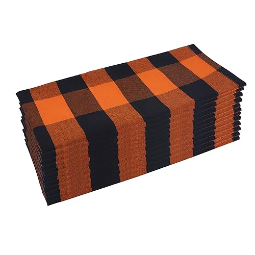 Image of Halloween Cloth Napkins Set of 12, Orange and Black, 18 x 18 Inch, Buffalo Plaid Table Napkins, Washable Reusable Dinner Napkins for Restaurant, Family Dining, Indoor & Outdoor Party Table Decor