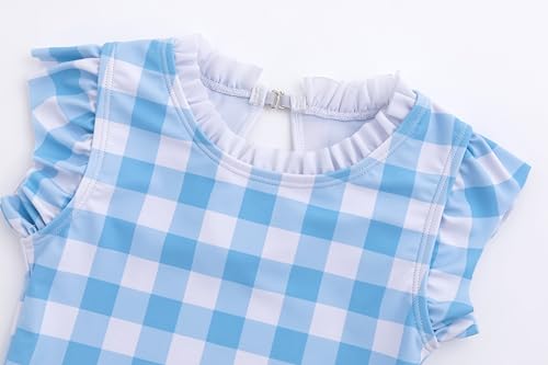 Image of LIZENS Girls' Swimwear One Piece Scoop Neck Ruffle Sleeveless Blue Plaid Beach Bathing Suit for Kids