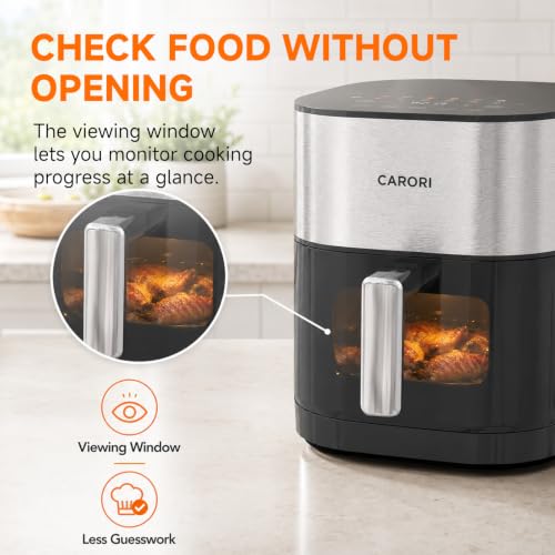 Image of CARORI Air Fryer 6 Qt Dual Heating with Viewing Window, 14 Presets Plus DIY Mode, Includes 2 Reusable Silicone Liners, Dishwasher-Safe Basket and Crisper Tray, Easy Clean Family Size