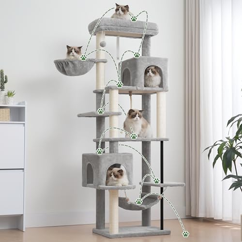 Image of Gitelsnour Cat Tree, Cat Tower with Sturdy Steel Tube, Large Perch GCT024W | 70.5'' Cat Furniture with Scratching Post, Hammock, Basket and Big Platform for Indoor Cats Large Adult, Light Gray