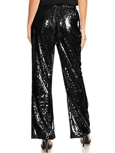 Anna-Kaci Women's Elastic Waist Sparkly Sequin 70's Disco Wide Leg Flare Palazzo Pants2