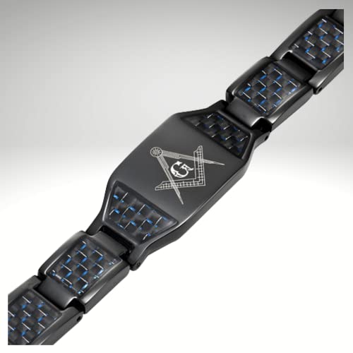 Masonicman Black Titanium Men's Masonic Bracelet With Blue Carbon Fiber Inlay #TOP3
