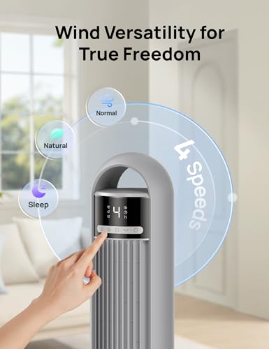 Image of DREO Tower Fan for Bedroom, 4 Speeds, 3 Modes Standing Fans for Room with 90 wide Oscillating, 28dB Quiet for Sleep, 26ft /s Velocity, 33ft Coverage, 8H Timer, Remote, Living Room, Office, Home, Grey