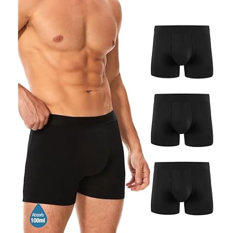 YESWEL Men's Incontinence Underwear, Leak Proof Washable Reusable Cotton Boxer Brief, Heavy Flow Bladder Leak 3 Pack (Black, XX-Large) Cover