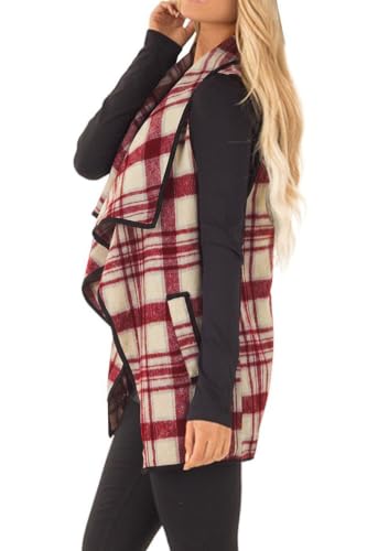 Image of YACUN Women Plaid Vest Lapel Open Front Sleeveless Cardigan
