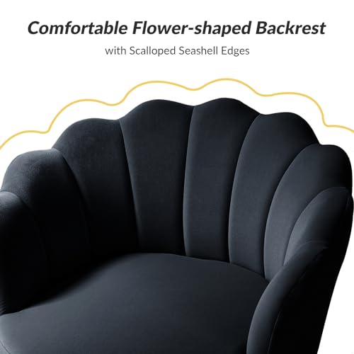 Image of HULALA HOME Modern Velvet Accent Chair with Shell Shaped Back, Cute Living Room Bedroom Armchair Sofa Chair with Gold Legs, Comfy Upholstered Vanity Chair for Makeup Room, Black