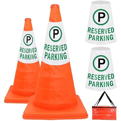 Safety Collapsible Cone (28 Inch) with Reserved Parking Sleeve - High Visibility Traffic Reflective Cone for Parking Lots, Driveways, Roads, Garages, and Events Cover