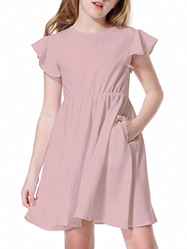 Mmoitkki Girls Pink Dress Summer Flutter Sleeve Pleated A-Line Twirly Casual Dresses With Pockets For Kids Size 8 #TOP1