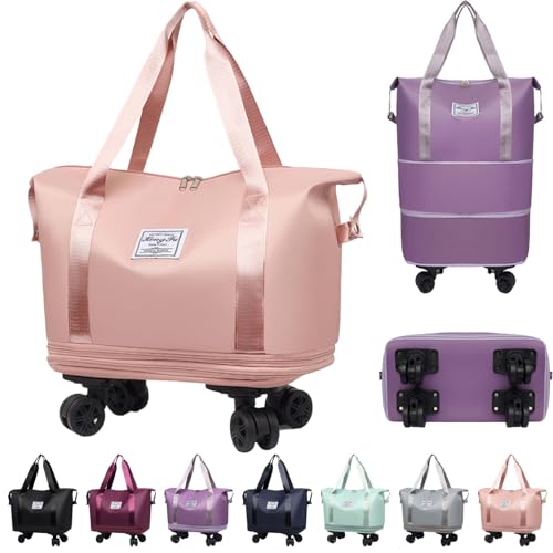 Beente Travel Bag with Wheels, Large Capacity Travel Bag, Universal Wheel Removable, Expandable Foldable Duffle Bag, Rolling with Wheels (Pink)
