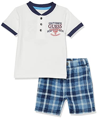 Guess Baby Boys Embroidered Logo Jersey Henley T-Shirt And Plaid Shorts 2 Piece Set, Pure White, 12M #TOP30