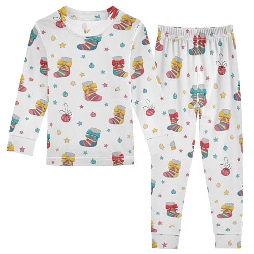 Pajama Sets Long Sleeve Colorful Christmas Socks Pattern Soft Comfy Sleepwear 2 Piece PJS 3-8T