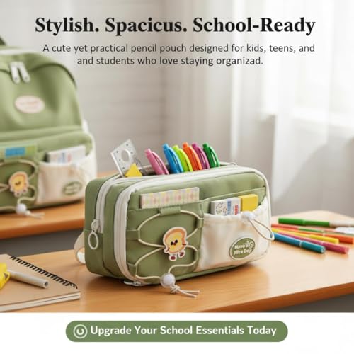 Image of Canvas School Bag Pencil Case, 3 Layer 6 Compartment Large Capacity, Aesthetic Pencil Pouch for Stationary, Cute Stationery for Kids, Pencil Case for Girls & Boys (Nice Day Green)