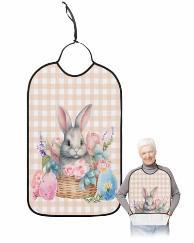 LEOKOTI Spring Easter Bunny Adult Bibs for Eating, Waterproof Bibs with Food Catcher & Snap Closure, Watercolor Floral Botanical Eggs Plaid Washable Clothing Protectors Adult Bibs for Elderly
