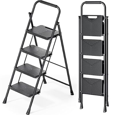 KINGRACK Folding 4 Step Ladder, Portable Ladder for Multi-Purpose, Home, Kitchen, Heavy Sturdy Steel Step Stool with Anti-Slip Wide Pedals, Handrail, Safe-Lock Design, Pass 500lbs Load Testing, Black