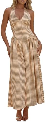Wenrine Womens Halter V Neck Corset Maxi Dresses Summer Plaid Smo...