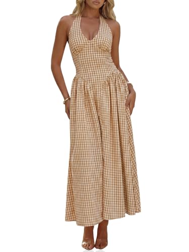 Wenrine Womens Halter V Neck Corset Maxi Dresses Summer Plaid Smocked Tie Back Backless Wedding Guest Drop Waist Dress Khaki