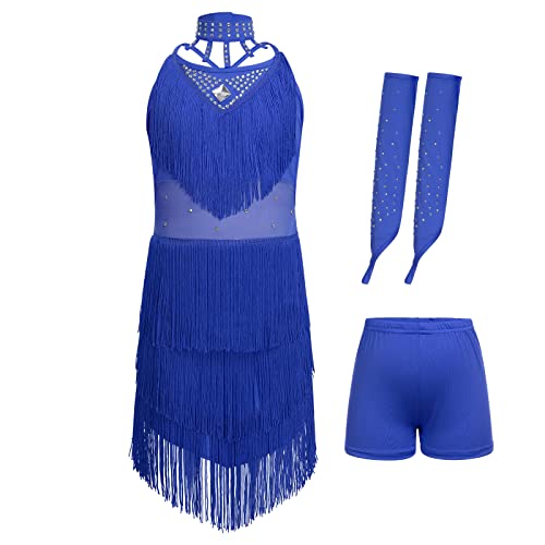 Afavom Sequin Tassel Latin Dance Dress For Girls Kids Figure Skating Dresses Halter Backless Flapper Fringe Party Ballroom Dancewear Costume With Gloves Choker Shorts Royal Blue 4Pcs 6-7 Years #TOP4